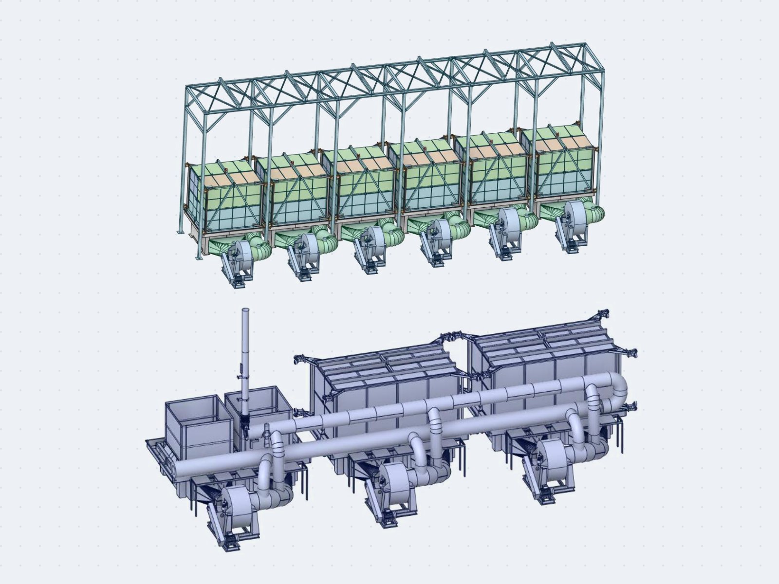 Mô hình 3D xưởng: dãy lò với quạt tuần hoàn và các tuyến ống khí nóng, khí hồi lưu, khí thải